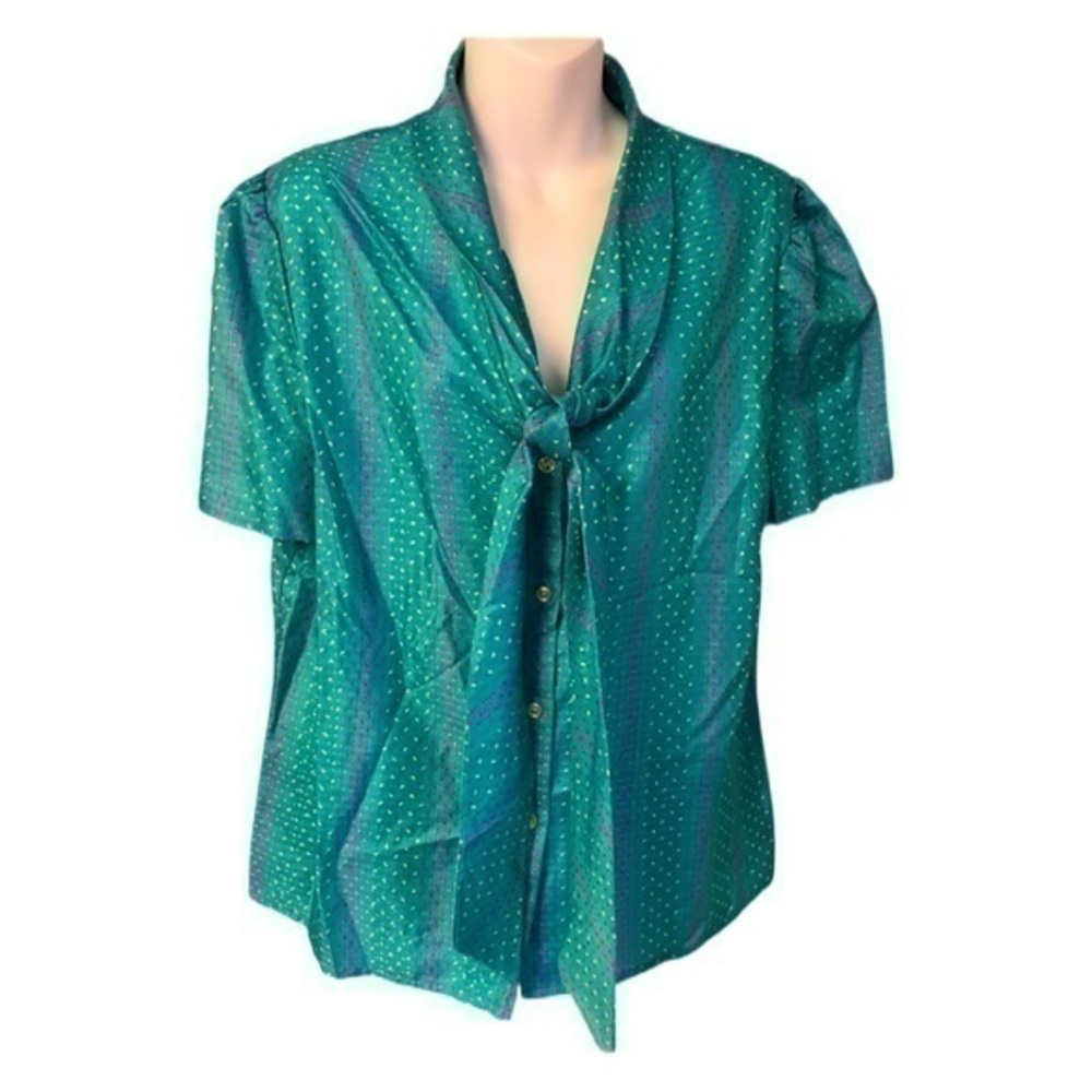 Vintage 60s 70s Silky Teal Blouse with Mother of Pearl buttons and Bow
